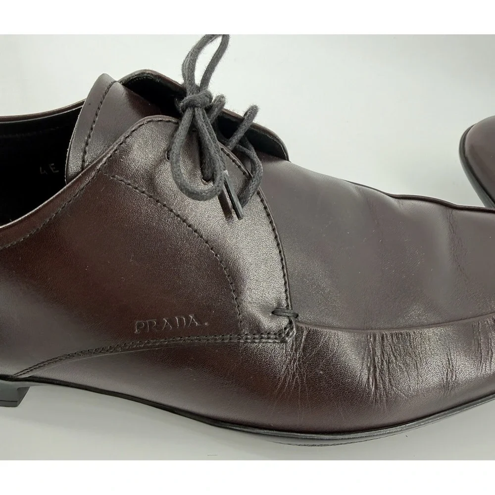 Prada Dress Shoes Men 8 Burgundy‎ Oxblood Leather Square Toe Derby Italy